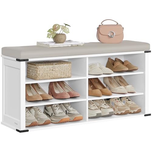 VASAGLE Cloud White Shoe Storage Bench with Removable Cushion, 6 Shelves, 12-15 Pairs