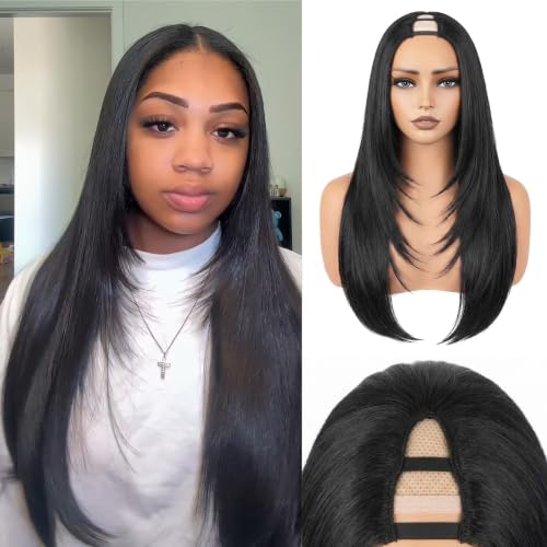 Looxey 26 Inch Black Yaki Straight V Part Wig - Synthetic Glueless Clip-In Half Wig for Black Women