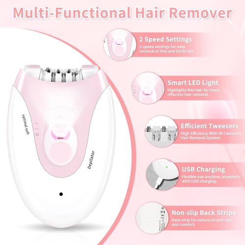 Epilators Hair Removal for Women - 2 Speeds Face Epilator with LED Light (Pink)