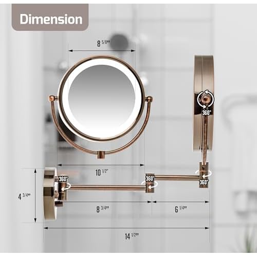 OVENTE Wall Mounted Lighted Makeup Vanity Mirror, 9" Hard Wired Double Sided 1X/7X Magnifying Bathroom Mirror, Dimmable LED Lights, 360¡Æ Rotation and 14" Extendable Arm, Antique Brass MPWD3185AB1X7X