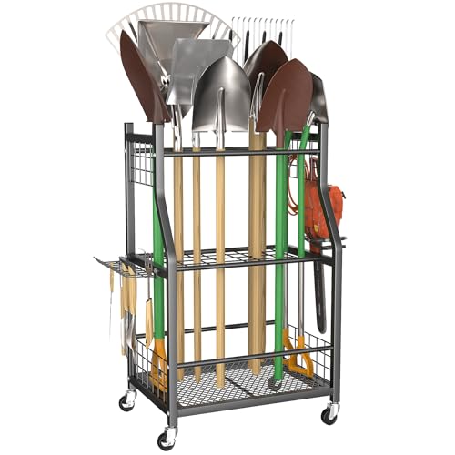 Garden Tool Organizer with Wheels - Black 22.75 Inch Rake & Shovel Stand