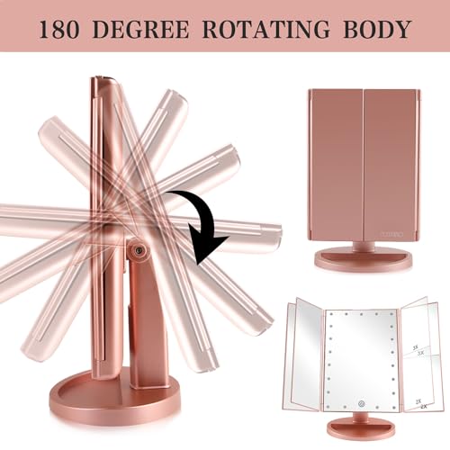 Flymiro Rose Gold Tri-Fold Lighted Makeup Mirror with 3x/2x Magnification, Touch Screen LEDs, 180° Rotation, Portable Vanity for Women & Teens