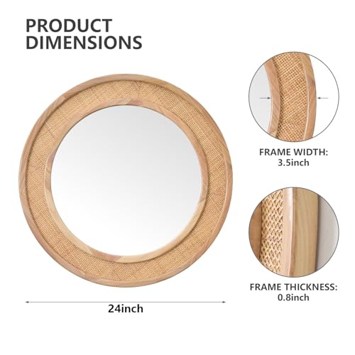 Nature 24 Inch Round Rattan Wall Mirror Farmhouse Wooden Vanity Mirror