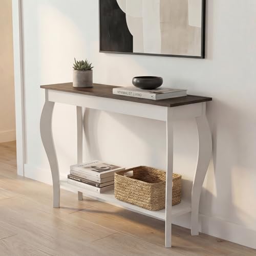 39-Inch Narrow Farmhouse Entryway Table with Storage Shelf - Soft White