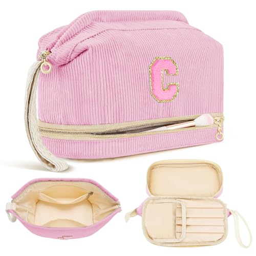 Birthday Gifts for Girls, Personalized Initial Make up Bag 18th Birthday Gifts for Girls Women, Travel Make up Bag Cosmetic Bag Preppy Stuff Bag for Her Mom Girlfriend Wife Teacher - Pink C
