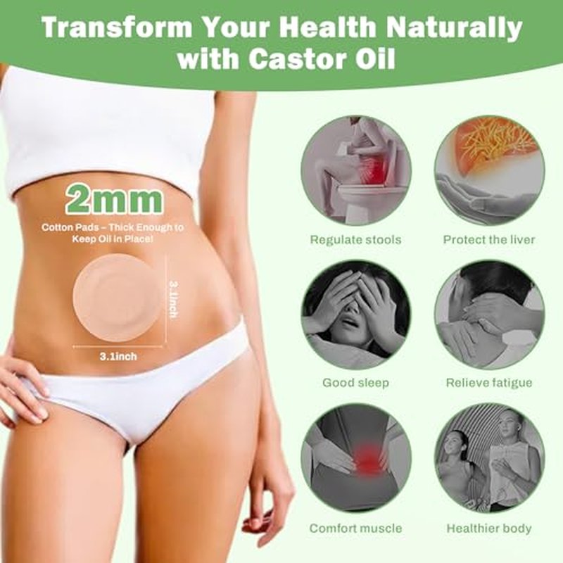 30Pcs Castor Oil Pack Wrap for Belly Button with 4oz Organic Castor Oil in Glass Bottle, Highly Absorbent Cotton Belly Button Patches Self Adhesive