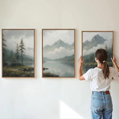 SIGNINART Large Green Forest Framed Canvas Wall Art Set, 3 Panels, 16x24 inches, Misty Mountain Lake Nature Decor for Living Room & Bedroom