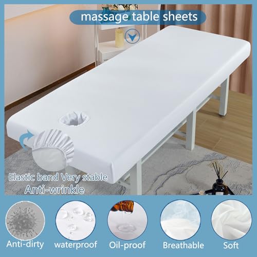 White Reusable Massage Table Sheets 75x31.5 Inches with Face Hole - Waterproof & Oilproof Fitted Bed Cover