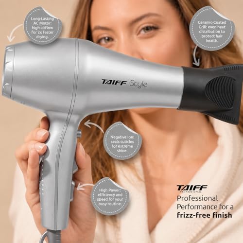 Lightweight Ionic Ceramic Hair Dryer with Diffuser - Silver - 1875W Travel-Ready Dual Voltage