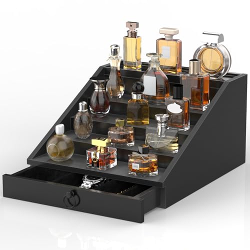 Wooden Cologne Organizer for Men Enhanced 5 Tier Cologne Stand Shelf Perfume Organizer with Velvet Lined Drawer & Hidden Storage Perfume Display Holder for Dresser Nice Gift (Classy Black)