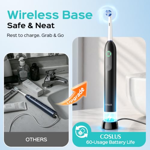 COSLUS C60 Black Rechargeable Rotating Electric Toothbrush for Adults - Travel Case Included