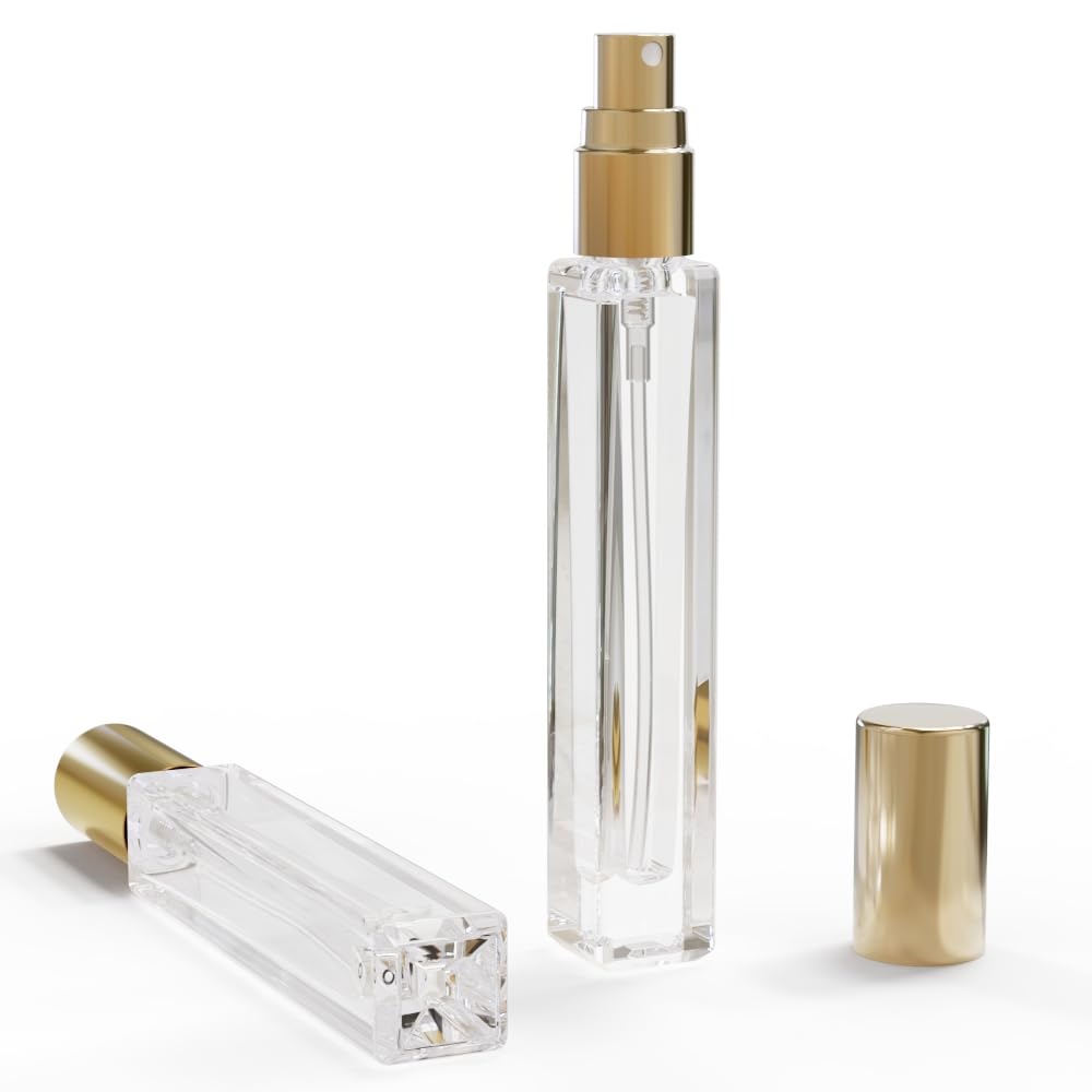 Seafulee 5PCS Cologne Atomizer Empty, 10ML Mini Perfume Bottles Refillable With Dispenser Tools, Pocket Spray Bottle for Travel and Sample Container (Transparent+Golden Cap)