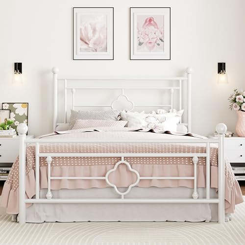 White Full Size Metal Platform Bed Frame with Headboard and Footboard - Noise-Free, Easy Assembly