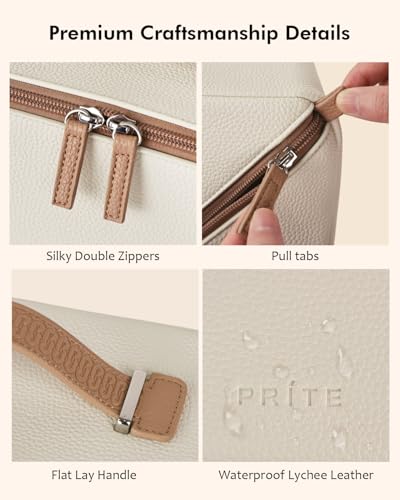 Travel Makeup Bag Set with Waterproof Vegan Leather & Extra Pouches - Classic Beige