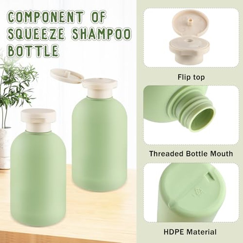 6 Pack 6.7 oz/200ml Plastic Travel Shampoo Bottle,Empty Refillable Squeeze Bottles with Flip Cap,Lotion Container for Cream,Toiletries,Conditioner-Free Silicone Funnel (Green)