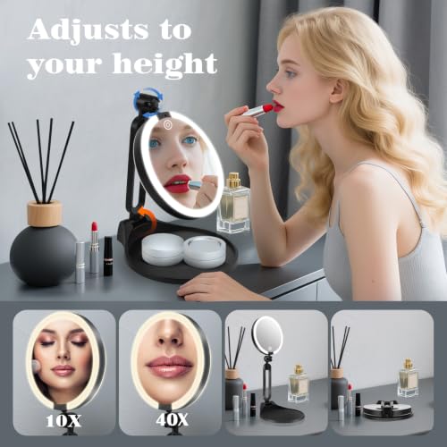Lighted Makeup Mirror 40X Magnification Foldable Dual-Sided - Black
