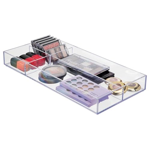 mDesign Plastic Divided Makeup Organizer Tray 8x16x2 Pack for Bathroom Vanity & Drawer - Clear