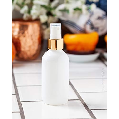 JUVITUS 4 oz / 120 ml High Shine Gloss White Glass Boston Round Bottle with Gold Fine Mist Spray (12 pack)