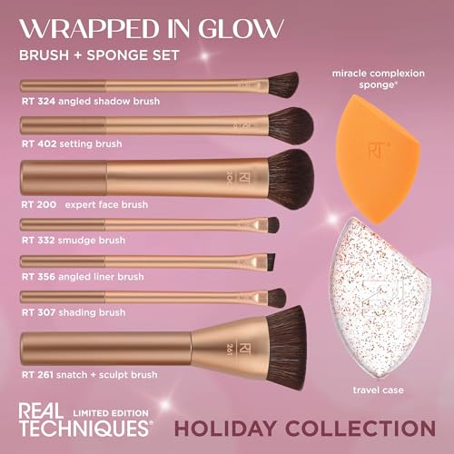 Real Techniques Wrapped In Glow Brush + Sponge 9 Piece Holiday Gift Set, Complete Makeup Brush Set, Foundation Sponge, Seamless Blending & Travel Case, Stocking Stuffer, Limited Edition, Latex-Free