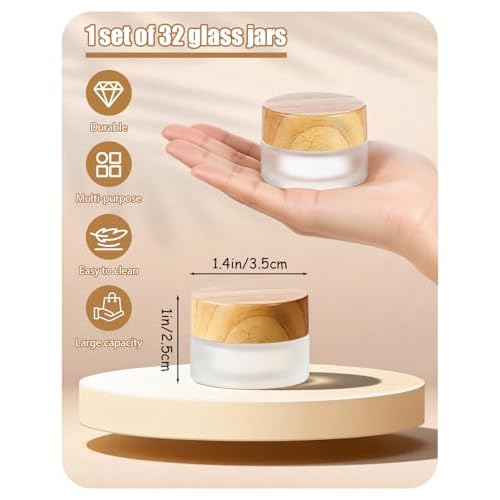 Glass Jar With Lid, 32 Pack 5 Gram Glass Containers With Lids Cosmetic Container With Wood Grain Lid Round Sample Container For Makeup,Lotion,Eye Creams,Scrub Cream,Home Travel