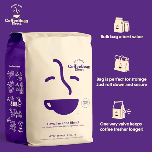Hawaiian Kona Blend Coffee Beans 80oz / 5lb Whole Bean, 10% Kona Coffee Blend