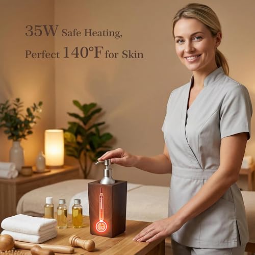 Square Massage Oil Warmer - Leak-Proof Aluminum Bottle, 8.5 Fl.Oz, 140°F Max - Modern Wood-Grain Design for Spa & Salon
