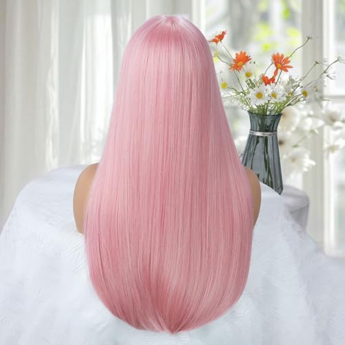 Pink Long Straight Wig with Bangs for Women 24 Inch Heat-Resistant Synthetic Cosplay Halloween
