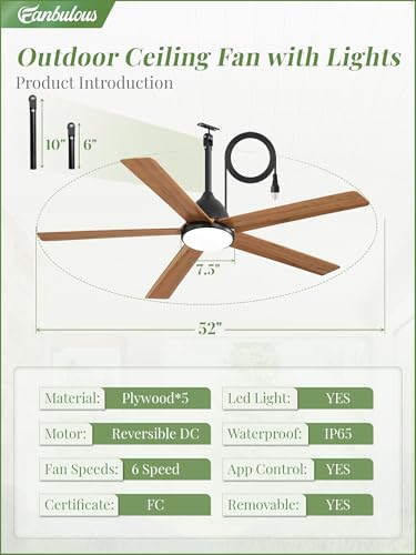 52" Outdoor Ceiling Fan with Light Brown Fans IP65 Waterproof Plug
