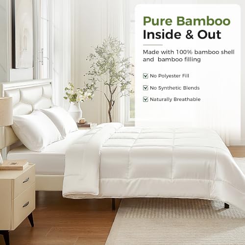 Queen Size Cooling Bamboo Comforter - Hypoallergenic All-Season Duvet Insert - White 88x88 Variation