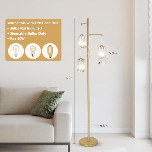 Gold Crystal Floor Lamp with Dimmable 3 Lights Modern Standing Tree Lamp 65 Inch
