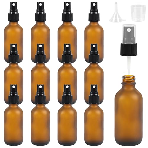 AF-2oz-12 Glass Spray Bottles - Amber Frosted Essential Oil & Travel Dispenser Set