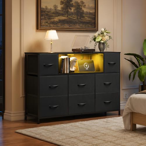 LED TV Stand for 55 Inch TV with 8 Drawers, RGB Ambient Lighting, Black - Adjustable & Durable