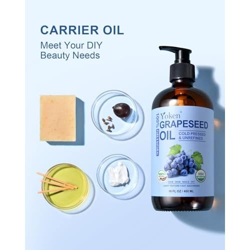 Organic Grapeseed Oil 16 oz GLASS BOTTLE - USDA 100% Pure & Natural Cold Pressed Grape Seed Carrier Oil for Skin & Hair - Single Ingredient, Hexane Free, Light & Silky Body Moisturizer