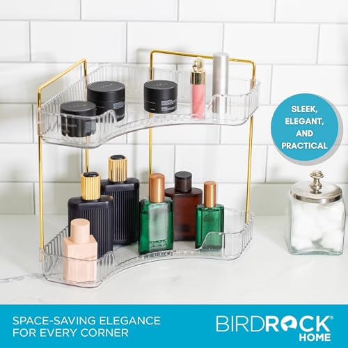 Corner Cosmetic Organizer with Clear Shelves & Gold Hardware - 2-Tier Vanity Storage