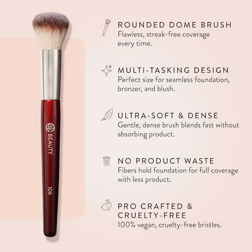 BK BEAUTY 106 ROUND FOUNDATION BRUSH ? Dense Dome Shape for Liquid & Cream Foundation, Seamless Streak-Free Application, Multi-Use Face Makeup Tool