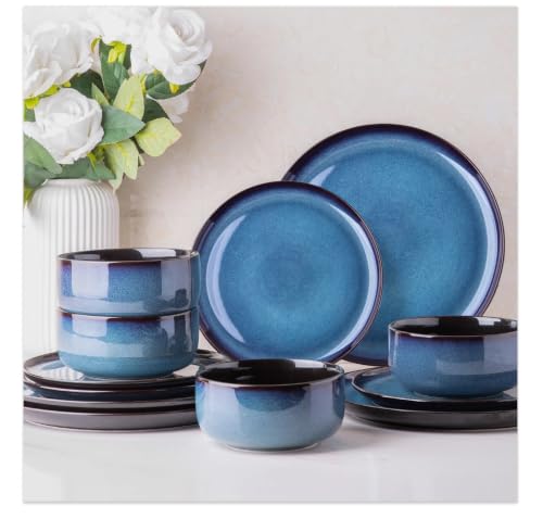 LeRatio Ceramic Dinnerware Set for 4 - Modern Blue 12 Pieces, Plates & Bowls
