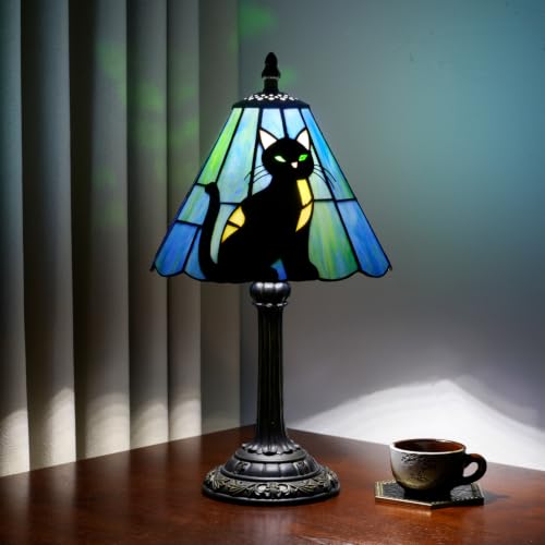 8-Inch Black Cat Tiffany Table Lamp - Stained Glass Bedside Lamp for Bedroom Living Room