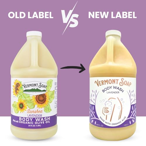 VERMONT SOAP Natural Body Wash with Shea Butter, Mild Gel Body Wash for Moisturizing and Soothing Skin, Fragrance Free Body Wash for Women & Men (Lavender, 64oz)