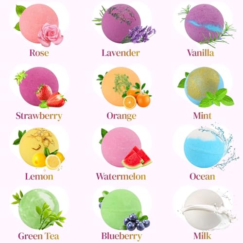 Large Bath Bomb Gift Set with 12 Scents - Handmade Organic Natural Spa Relaxation