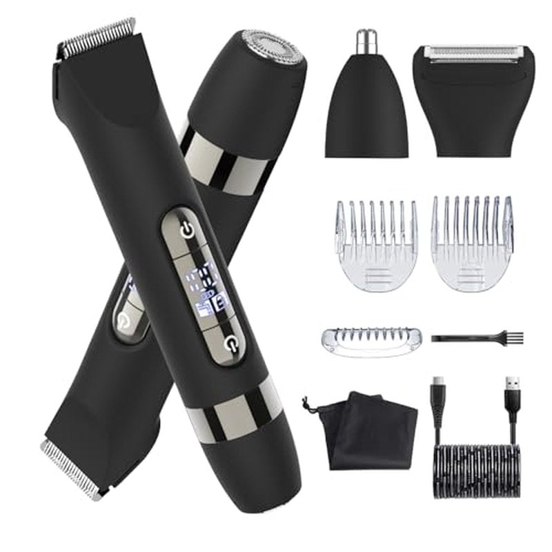 Hatteker 4 in 1 Multifunctional Dual - Head Body Hair Trimmer for Men, IPX7 Waterproof Groin & Body Hair Groomer, Rechargeable Body Electric Shaver Razor