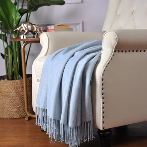 Silk Throw Blanket with Hand-Knotted Fringe - Natural Blue, 50 x 65 Inches