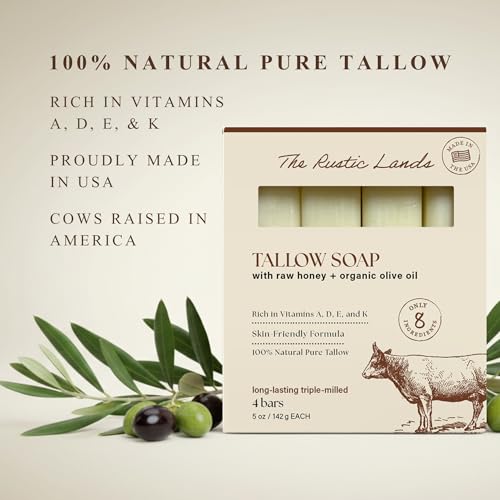 THE RUSTIC LANDS Natural Tallow Soap Bars Set of 4 - Grass Fed Beef Tallow with Raw Honey & Olive Oil - Made in the USA Soap for Sensitive Skin, Moisturizing Bath & Body, 5oz Each