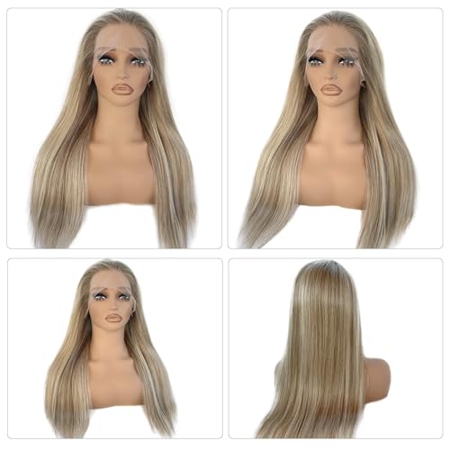 Benafee Highlight Ombre Ash Blonde 13x4 Lace Front Wig 18 Inch Light Blonde Highlights, Pre-Plucked Natural Hairline, 180% Density, Human Hair, Glueless