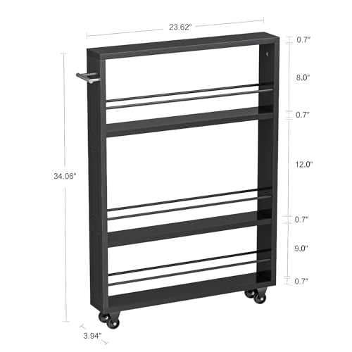 4-Tier Rolling Storage Cart - Slim Utility Trolley for Kitchen Bathroom Laundry
