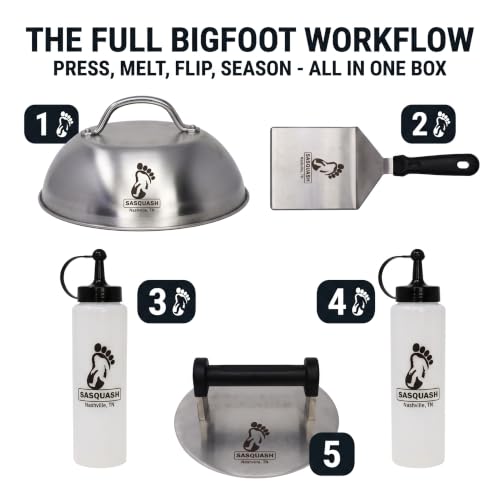 Burger Iron Sasquash 5-Piece Burger Smasher Set Combo - Griddle Kit for Home & Grill Cooking