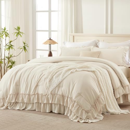 Beige Super King Plus Ruffle Comforter Set - 3 Pieces, 128"x120" | Elegant Bedding