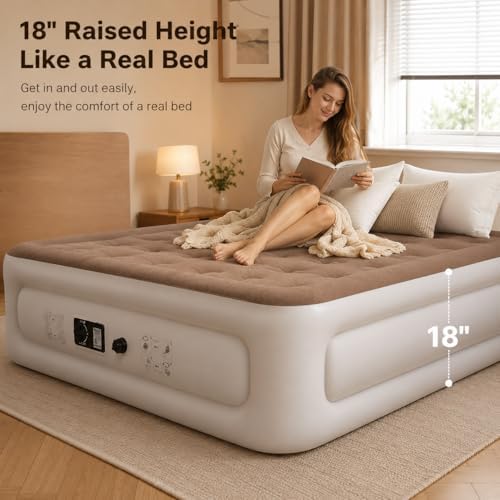 Etto Queen Air Mattress with Built-in Pump, 18-Inch Blow Up Bed, Brown, 650 lbs Support