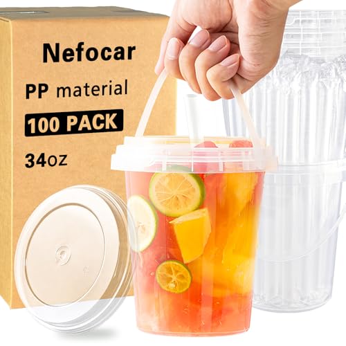 100 Pack 34oz Disposable Coffee Cups with Lids, Straws & Handles - Hot & Cold Drinks