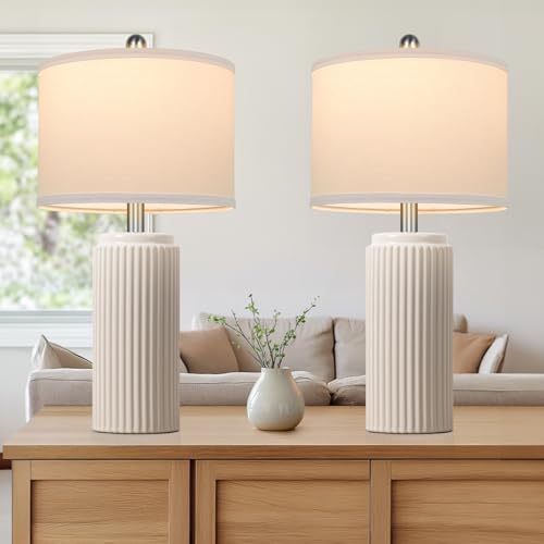 Cream Ceramic Table Lamps Set of 2 - 23.5 Inch Modern Nightstand Lamps - Variation Cream-1