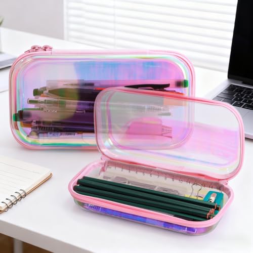 Clear Hard Shell Zipper Case Set - Laser Pink 3 Pcs, Portable Cosmetic & Organizing Bags